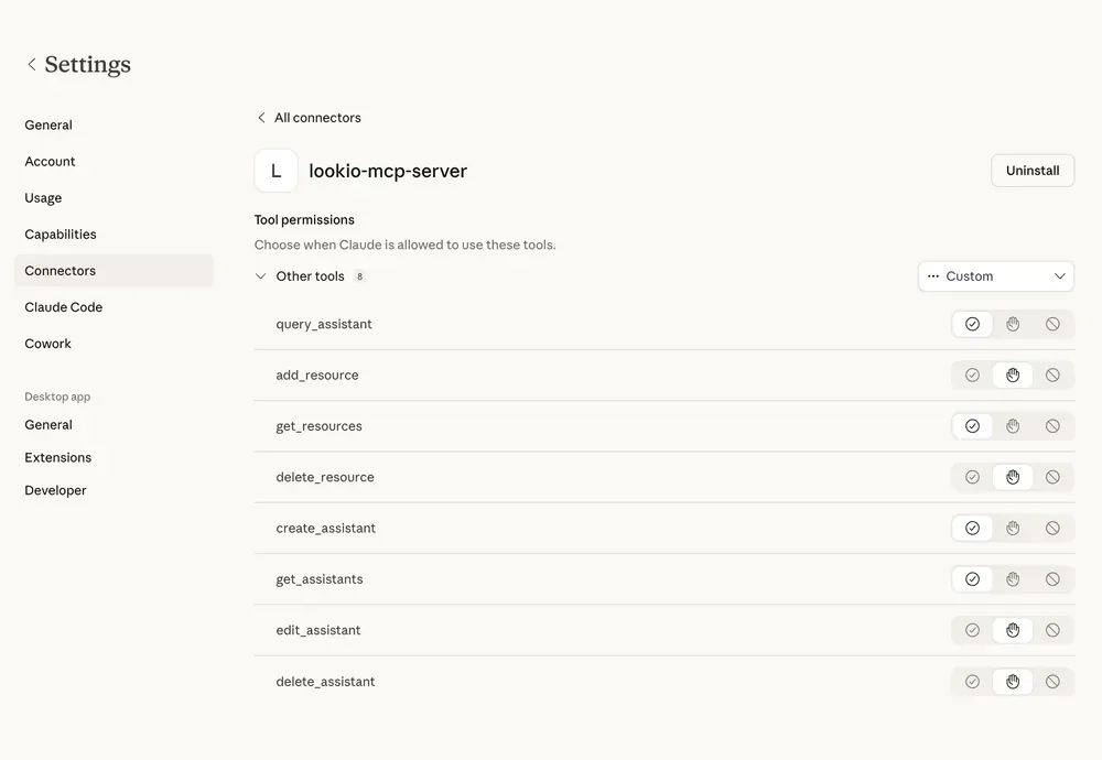 Lookio MCP connector configuration in Claude Desktop