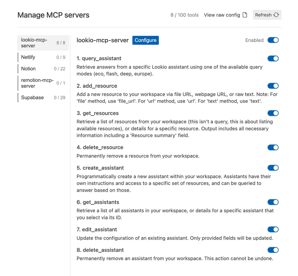 Lookio MCP server configured in Antigravity