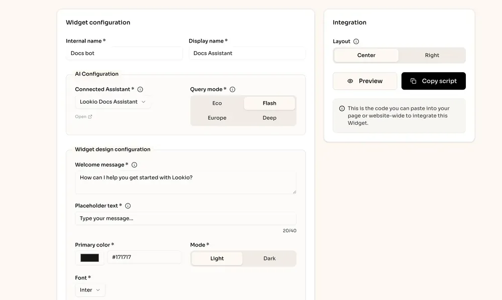 Lookio widget configuration settings